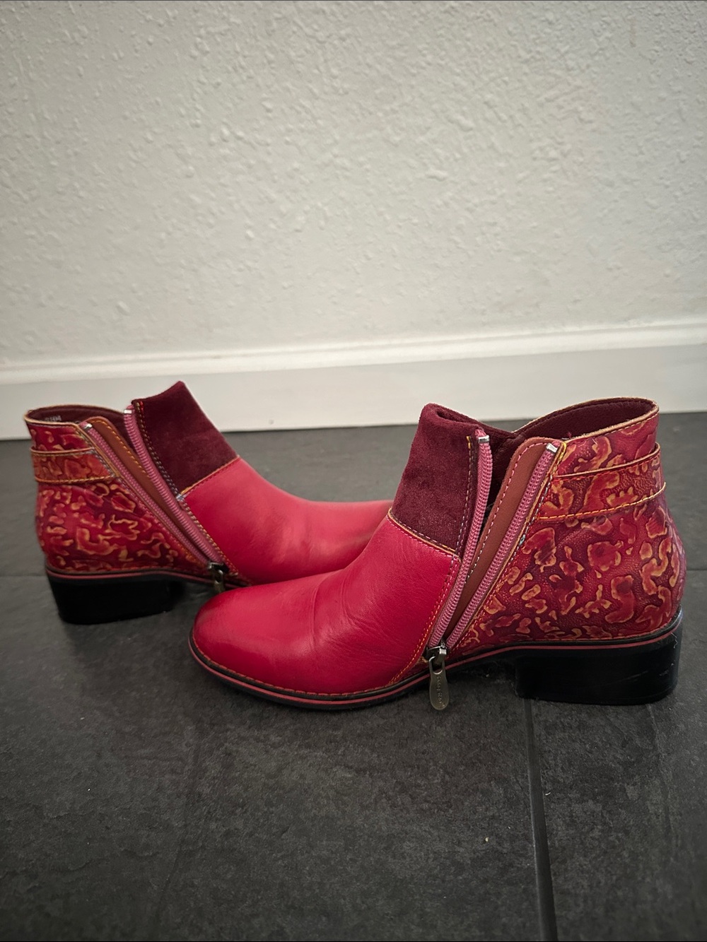Women's Red Leather & Suede Patterned Ankle Booties with Side Zip